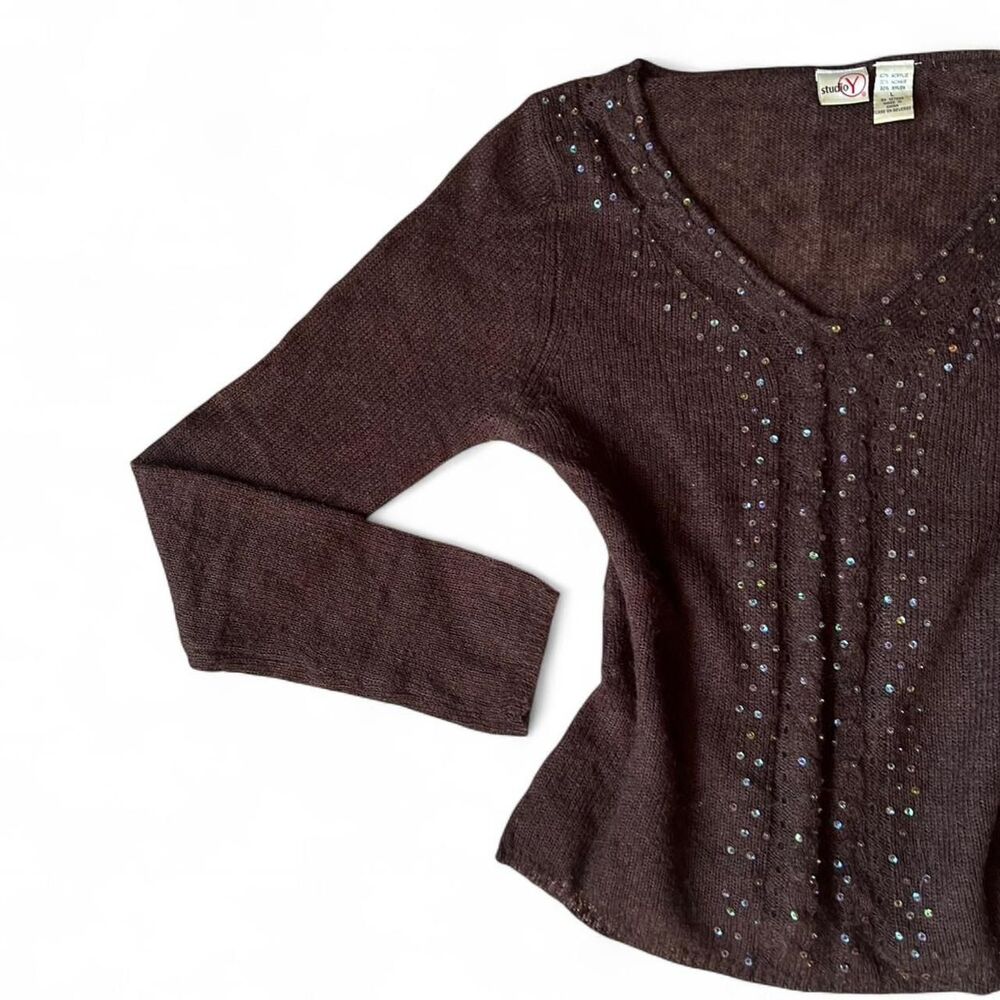 Vintage Semi- sheer Brown sequin embellished mohair blend knit sweater - Picture 2 of 8